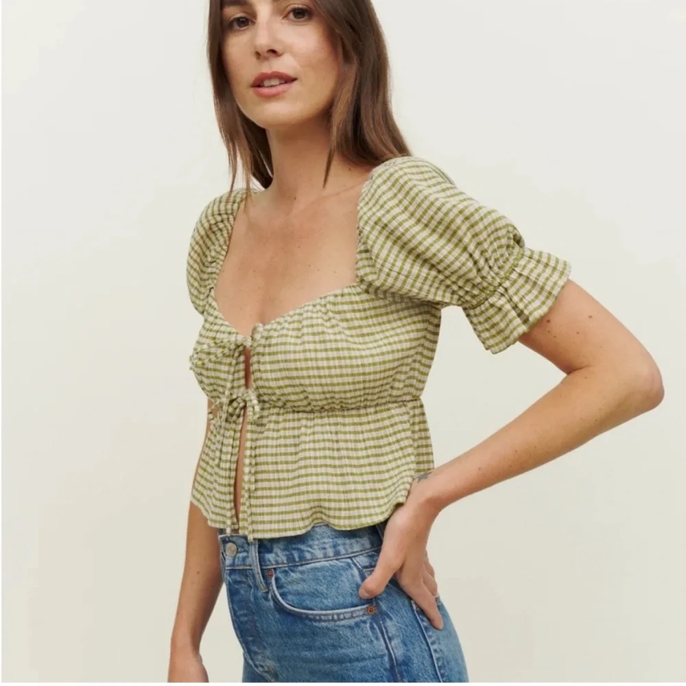 Reformation Olive Green Gingham Puff-Sleeve Tie-Front Top